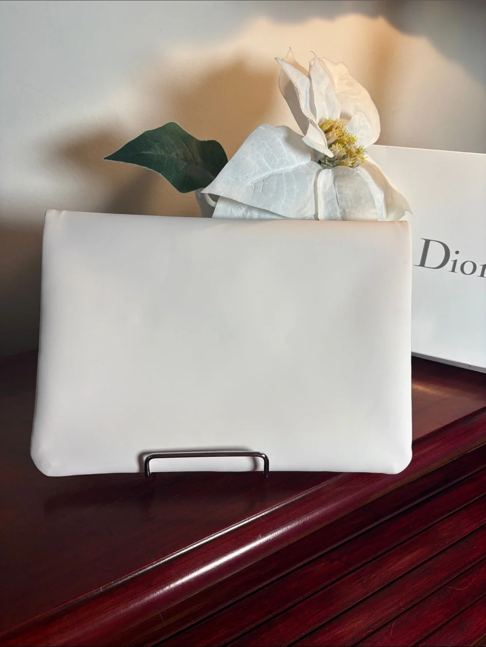 Dior White Fold-Over Leather Clutch with Zip Detail